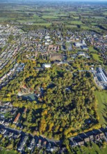 Aerial view, Maximilianpark amusement park with glass elephant, construction section of the green