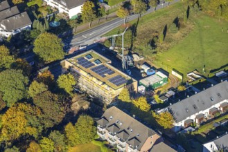 Aerial view, construction site with new daycare center Villa Kunterbunt on Ostwennemarstraße corner