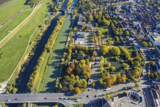 Aerial view, Datteln-Hamm Canal and Lippe river, water sports center, Hammonense grammar school and