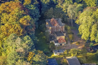 Aerial view, Sylverberg house home in the spa park for refugee youth, villa in autumn forest,