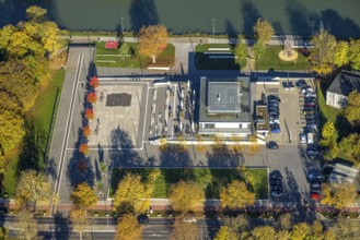 Aerial view, water sports center on the Datteln-Hamm Canal, autumn trees, Mitte, Hamm, Ruhr area,