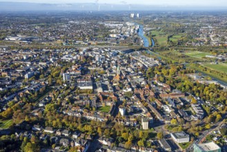 Aerial view, city and evangelical St. Paul's Church with view to Central Station and harbour,
