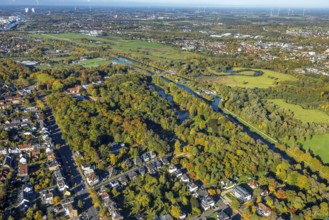 Aerial view, spa park with autumn trees, view of Hamm-Lippewiesen airfield, Lippe river meander and