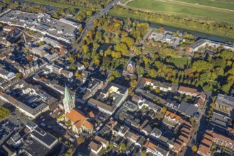 Aerial view, city and evangelical St. Paul's Church, weekly market market on the market square,