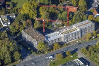 Aerial photo, construction site and new building for Autobahn GmbH office buildings, former garden