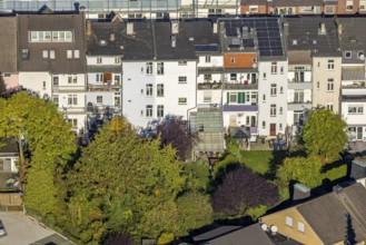 Aerial view, tenement house front with window and balconies, green trees, backyard idyll