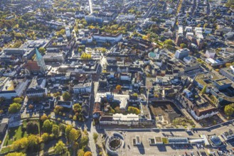 Aerial view, city and evangelical St. Paul's Church, weekly market market on the market square,