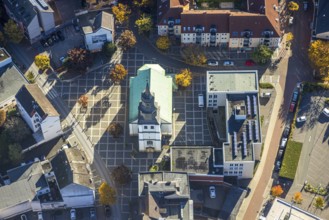 Aerial view, evangelische Jugendkirche/Lutherkirche, autumnal trees, Mitte, Hamm, Ruhr region,