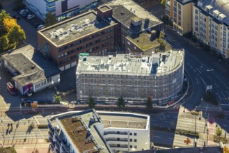 Aerial photo, construction site new apartment building for student living at the intersection Neue