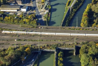 Aerial view, ICE train on the Hafenstraße railway bridge across the Lippe river and Datteln-Hamm