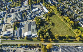 Aerial view, meadow area and industrial park Im Ried, Mitte, Hamm, Ruhr area, North