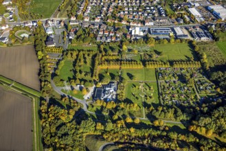 Aerial view, Herringen park cemetery and crematorium Hamm GmbH, barefoot path Lippepark, autumn