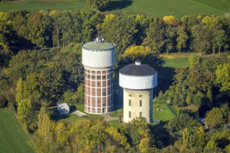Aerial view, two water towers, tower WT2000 and tower WT3000, water supply for the city of Hamm,