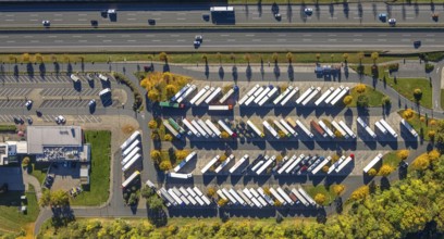 Aerial view, Serways Rhynern rest area with truck parking lot on the A2 motorway, shapes and
