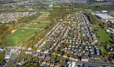 Aerial view, residential area housing development Isenbecker Hof, mining settlement Neue Kolonie,