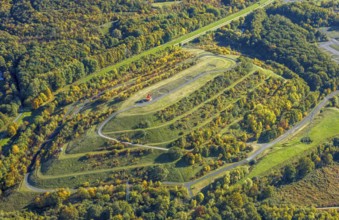 Aerial view, Bergehalde Halde Humbert with dump sign, Herringen district, Hamm, Ruhr area, North