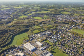 Aerial view, Herringen Park Cemetery and Hamm Crematorium GmbH, Humbert heap and autumn trees,
