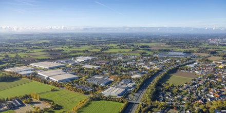 Aerial view, Oberster Kamp industrial park on the A2 motorway, meadows and fields with distant