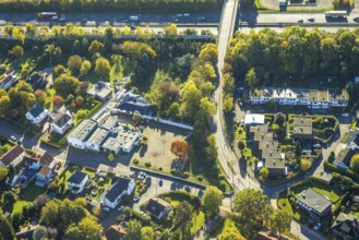 Aerial view, Wambelner Straße bridge over the A2 motorway, autumn trees, Rhynern district, Hamm,