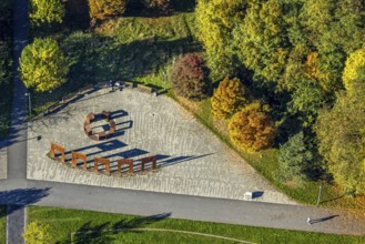 Aerial view, place of interreligious encounter, memorial sculpture in Lippepark, five steel gates