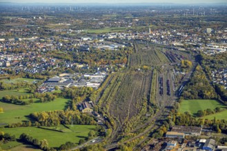 Aerial view, Fahrzeugfabrik F. Kiffe Söhne GmbH and railway marshalling yard, district of Pelcum,