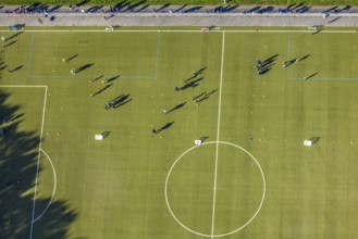 Aerial view, soccer stadium sports ground TuS 1910 Wiesergofen, young people training, vertical