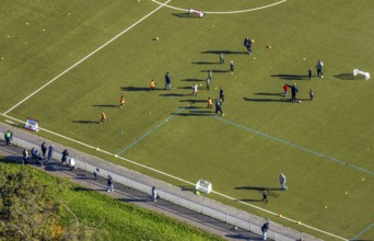 Aerial view, soccer stadium sports ground TuS 1910 Wiesergofen, young people training, district of