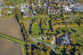 Aerial view, Herringen Park Cemetery, Hamm Krematorium GmbH, autumnal trees, Barbara Stadium and