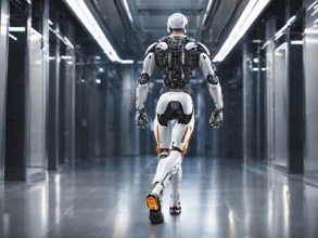 A humanoid robot walking in a sleek, futuristic hallway showcasing advanced technology, AI