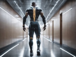 A muscular cyborg walking through a futuristic hallway, highlighting human enhancement, AI