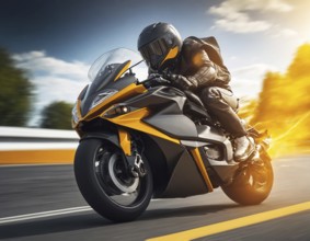 Motorcyclist leaning into a turn, showcasing speed and precision on the road, AI generated