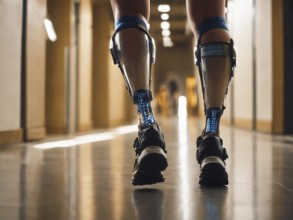 A back view of bionic legs in a modern hallway, showcasing advanced prosthetic technology, AI