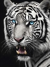 Close-up of a white tiger with striking blue eyes and an open mouth, AI generated