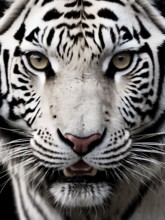 Close-up of a white tiger's face showcasing its intense gaze and stripes, AI generated