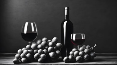 Minimalist wine and grape arrangement with glasses on a dark background, AI generated