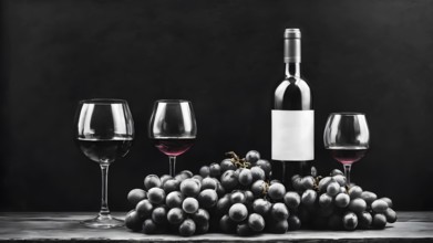 A still life with a wine bottle and glasses surrounded by grapes on a dark background, AI generated