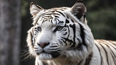 Close-up of a majestic white tiger in a natural forest setting, highlighting its stripes, AI