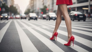Elegant red heels paired with a red dress, confidently walking in city traffic, AI generated