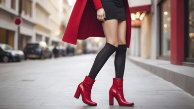 Woman in red boots and coat striding confidently on a city street, AI generated