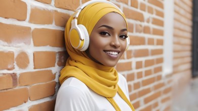 Woman in a yellow hijab and headphones standing relaxed by a brick wall, AI generated
