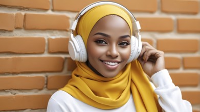 Smiling woman in a yellow hijab and headphones leaning against a brick wall, AI generated