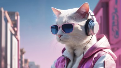 Cat wearing headphones and sunglasses with an urban backdrop in pink and blue, AI generated