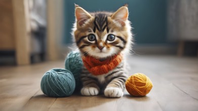Adorable kitten with a scarf playing with colorful yarn balls on a wooden floor, AI generated