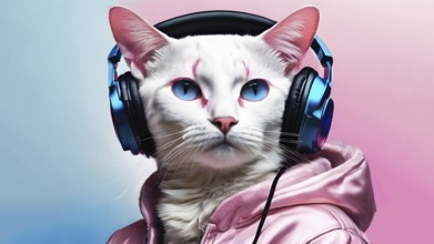 White cat wearing headphones and a shiny hoodie against a gradient background, AI generated