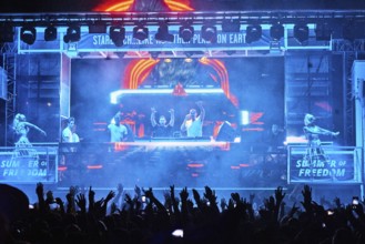 EDITORIAL and NEWS ONLY, stage view of rare moment of joint DJ back to back performance of edm