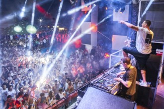 EDITORIAL and NEWS ONLY, rare moment of joint DJ back to back performance of edm dance music DJ