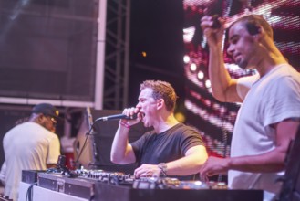 EDITORIAL and NEWS ONLY, rare moment of joint DJ back to back performance of edm dance music DJ