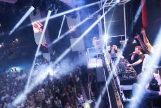 EDITORIAL and NEWS ONLY, rare moment of joint DJ back to back performance of edm dance music DJ