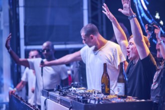 EDITORIAL and NEWS ONLY, rare moment of joint DJ back to back performance of edm dance music DJ