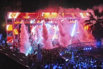 EDITORIAL and NEWS ONLY, CO2 smoke machine and light show at edm music performance, stage view of